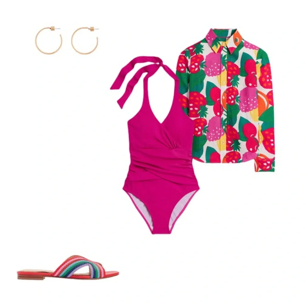 Boden Fuchsia Halter‎ Swimsuit ruching, body-sculpting lightly padded onepiece
